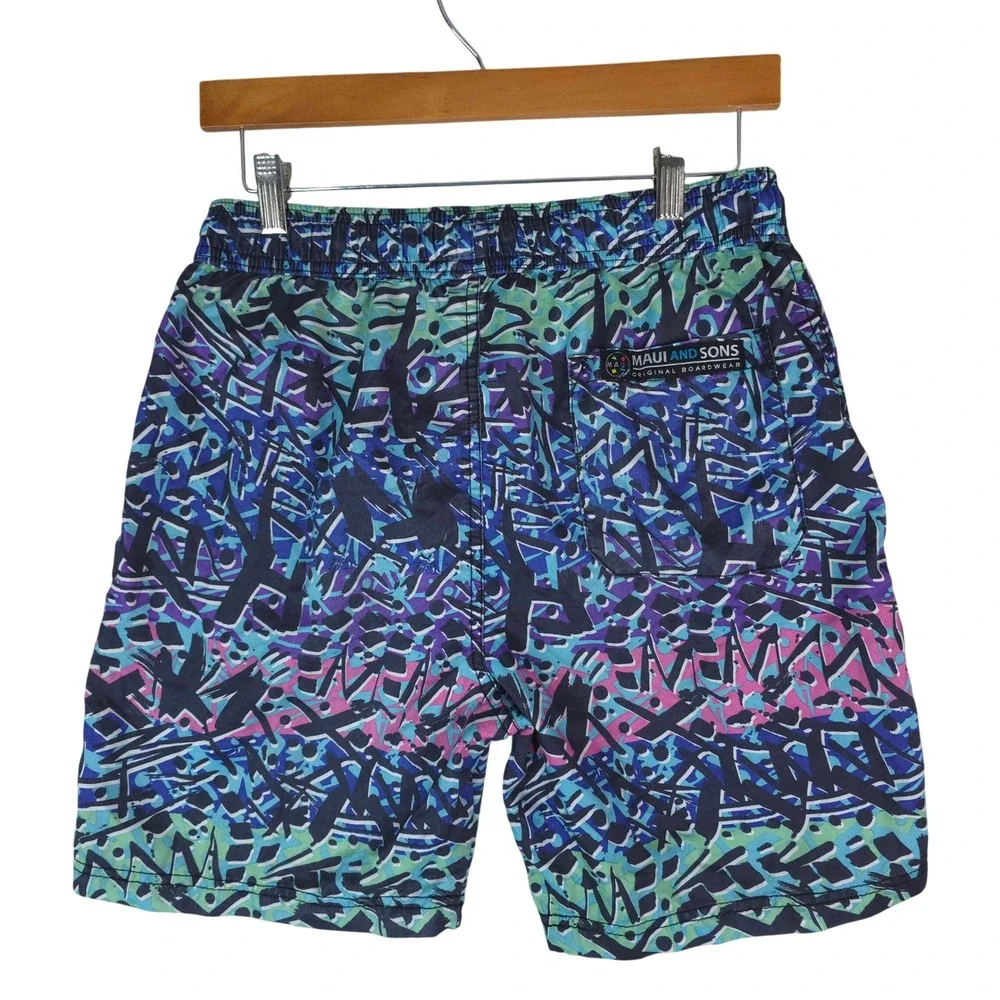 Maui and Sons Swim Trunks Mens Small Multicolor Retro Abstract Surf Board Shorts