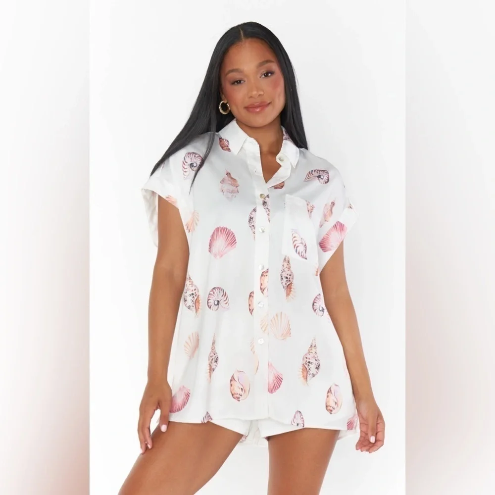SHOW ME YOUR MUMU Day Dream PJ Top In White Shell Luxe Satin