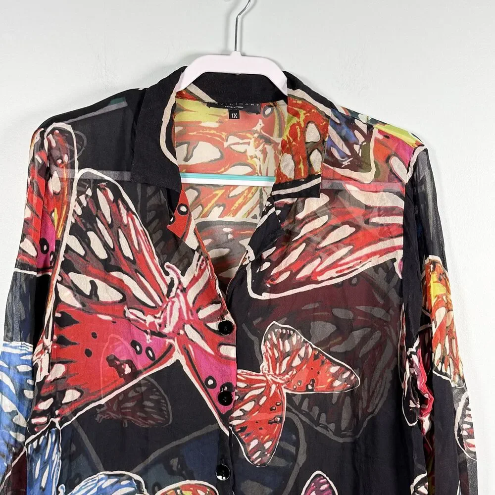 David Dart Silk Top Butterly Semi Sheer Button Up Size 1X USA Festival Vintage
