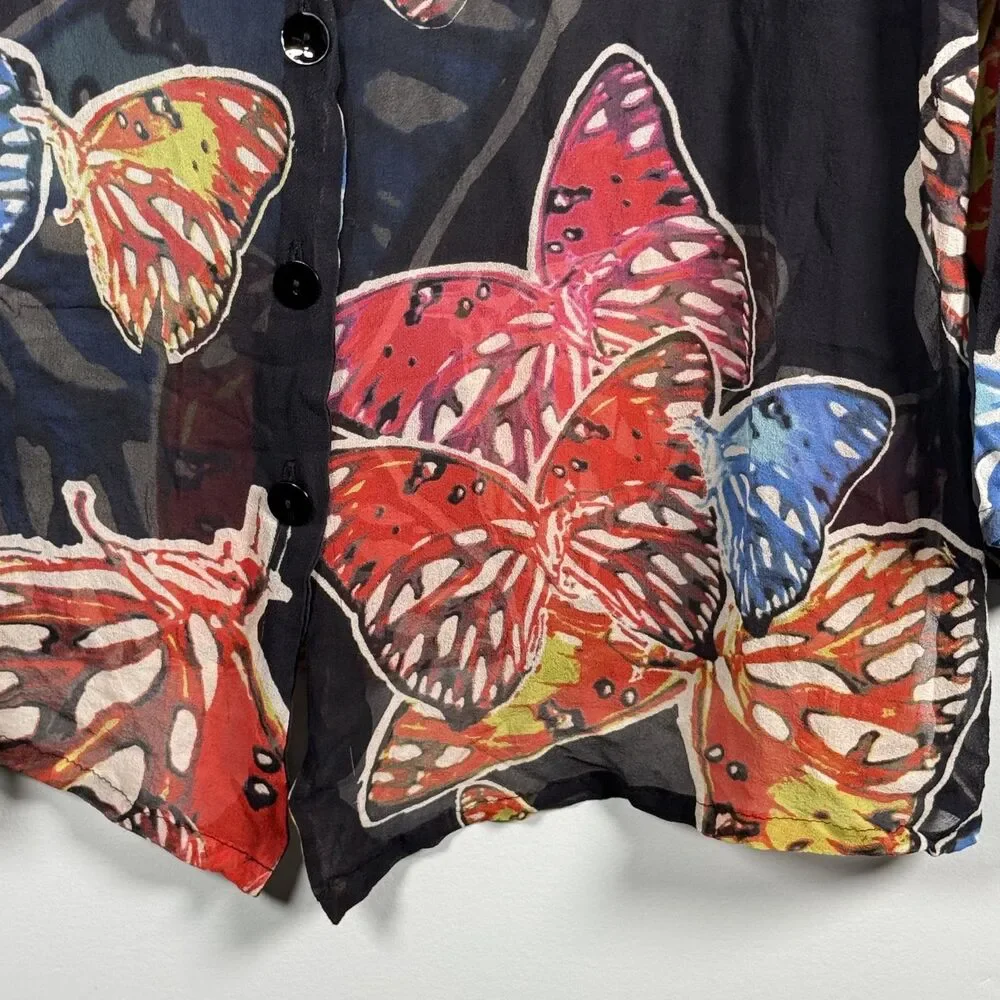 David Dart Silk Top Butterly Semi Sheer Button Up Size 1X USA Festival Vintage