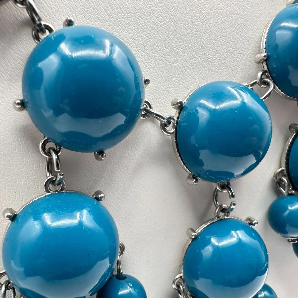 Vintage Y2K Blue Cabochon Beaded Bib Necklace Silver Tone Boho Jewelry