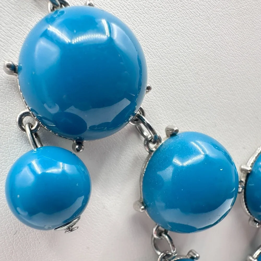 Vintage Y2K Blue Cabochon Beaded Bib Necklace Silver Tone Boho Jewelry