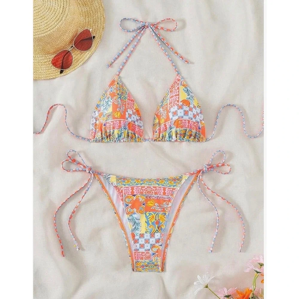 Zaful Tribal Orange Patchwork Triangle Halter Side Tie Bikini Set Medium