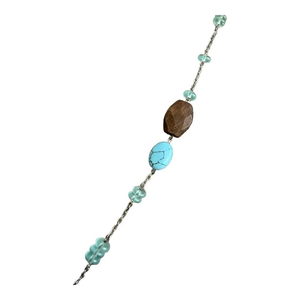 Lia Sophia Wood and Turquoise Glass Bead Necklace Blue 20mm 34 inch