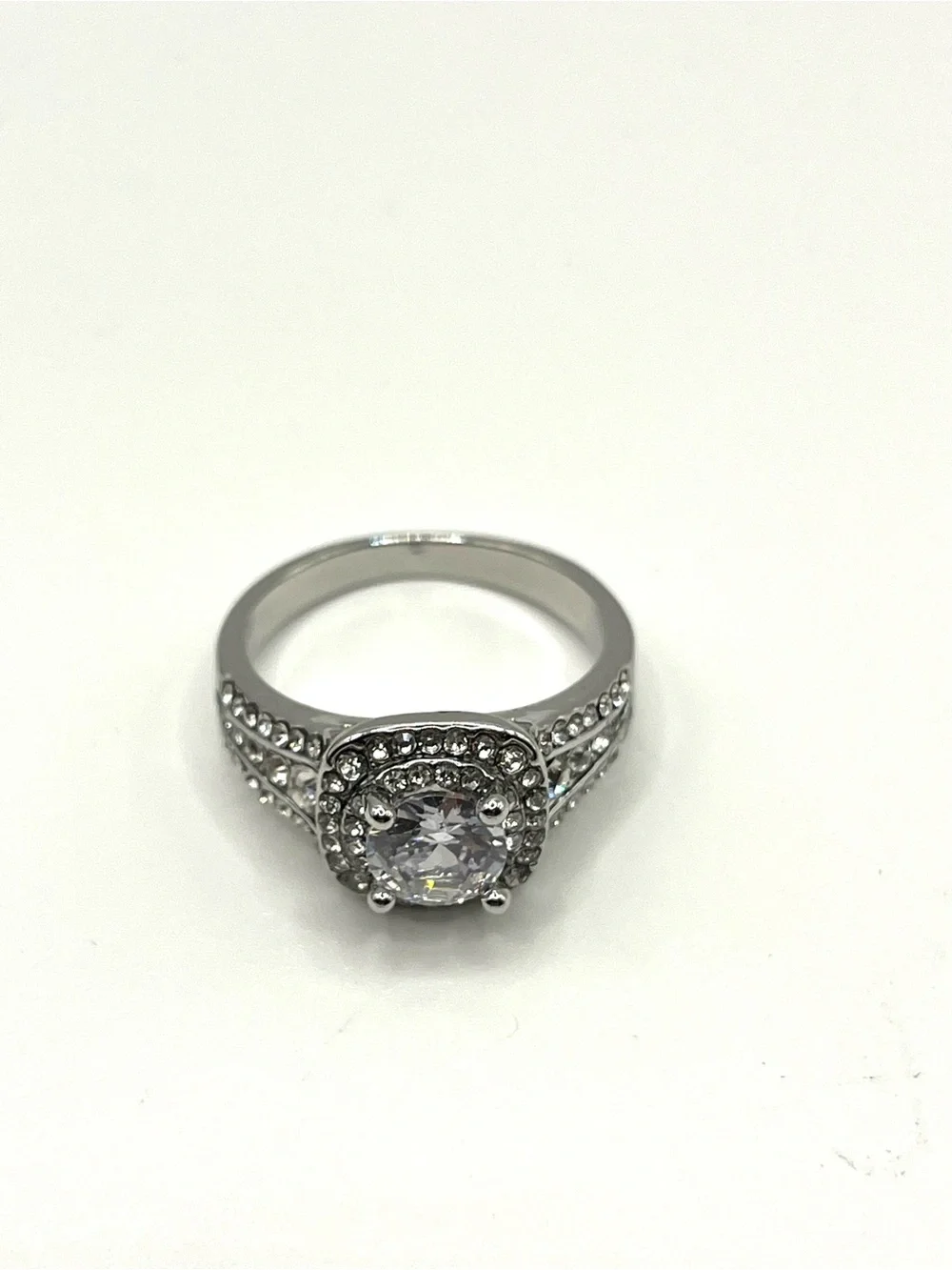 Halo Ring Engagement Ring Silver Rhodium Plated Sparkling Stones Prong Set