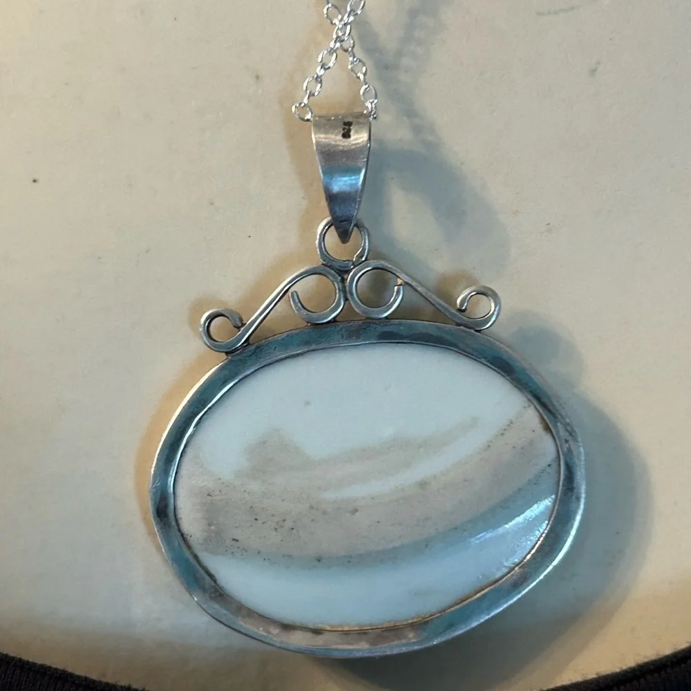 Vintage 925 Blue & White Porcelain Pendant Necklace
