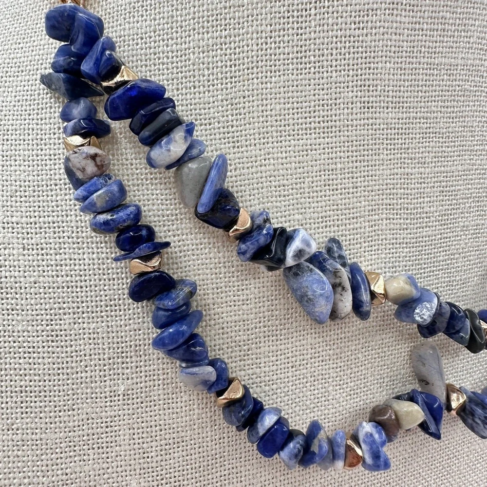 Vintage Y2K Gold Tone Double Strand Blue Sodalite Chip Chunky Necklace Jewelry