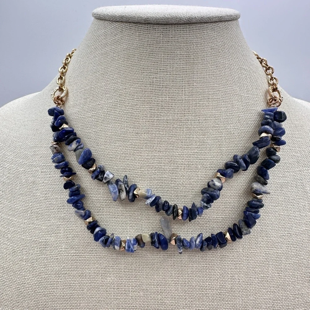 Vintage Y2K Gold Tone Double Strand Blue Sodalite Chip Chunky Necklace Jewelry