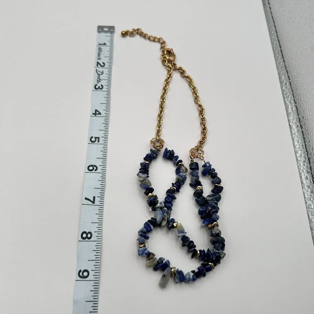 Vintage Y2K Gold Tone Double Strand Blue Sodalite Chip Chunky Necklace Jewelry
