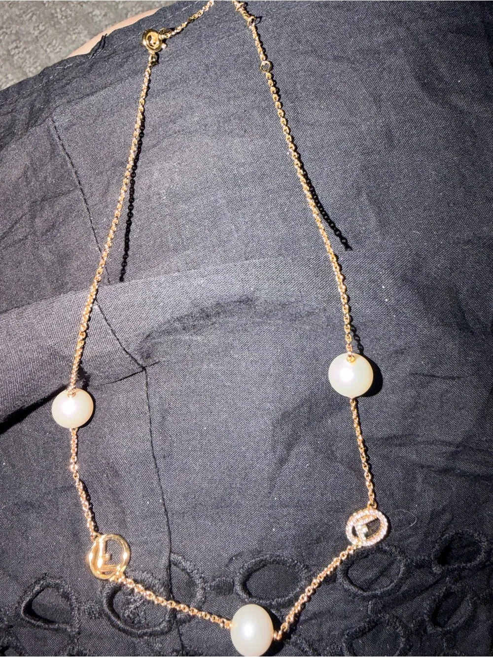 Fendi Gold Pearl Link Necklace with Cream Pearls - Women Jewelry