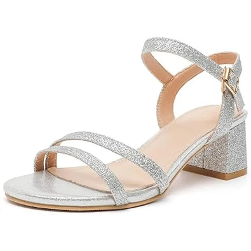 Dadawen Womens Size 9 Silver Glitter Open Toe Ankle Strap 2.5