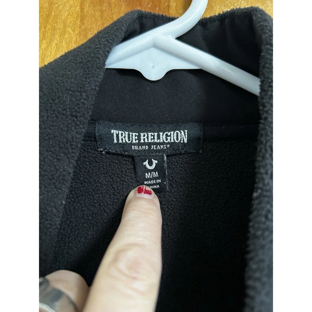 True Religion Black Fleece Zip Up Jacket Logo Mens Medium M Black White