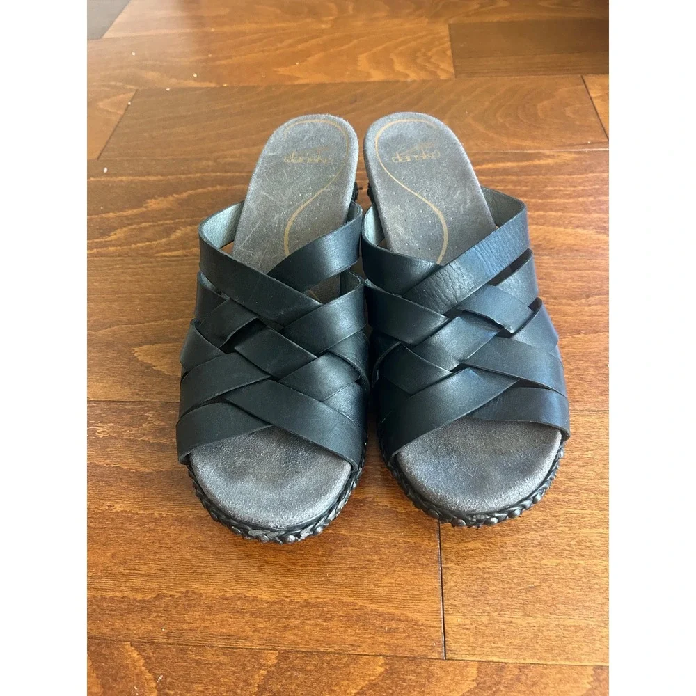 Dansko Black Leather Woven Strappy Wedge Slide Sandals Clogs Size 41 10.5-11