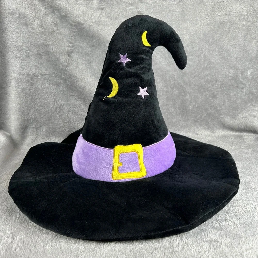 Halloween Plush Witch Hat Pillow Black Purple Stars Moon Decorative Cushion