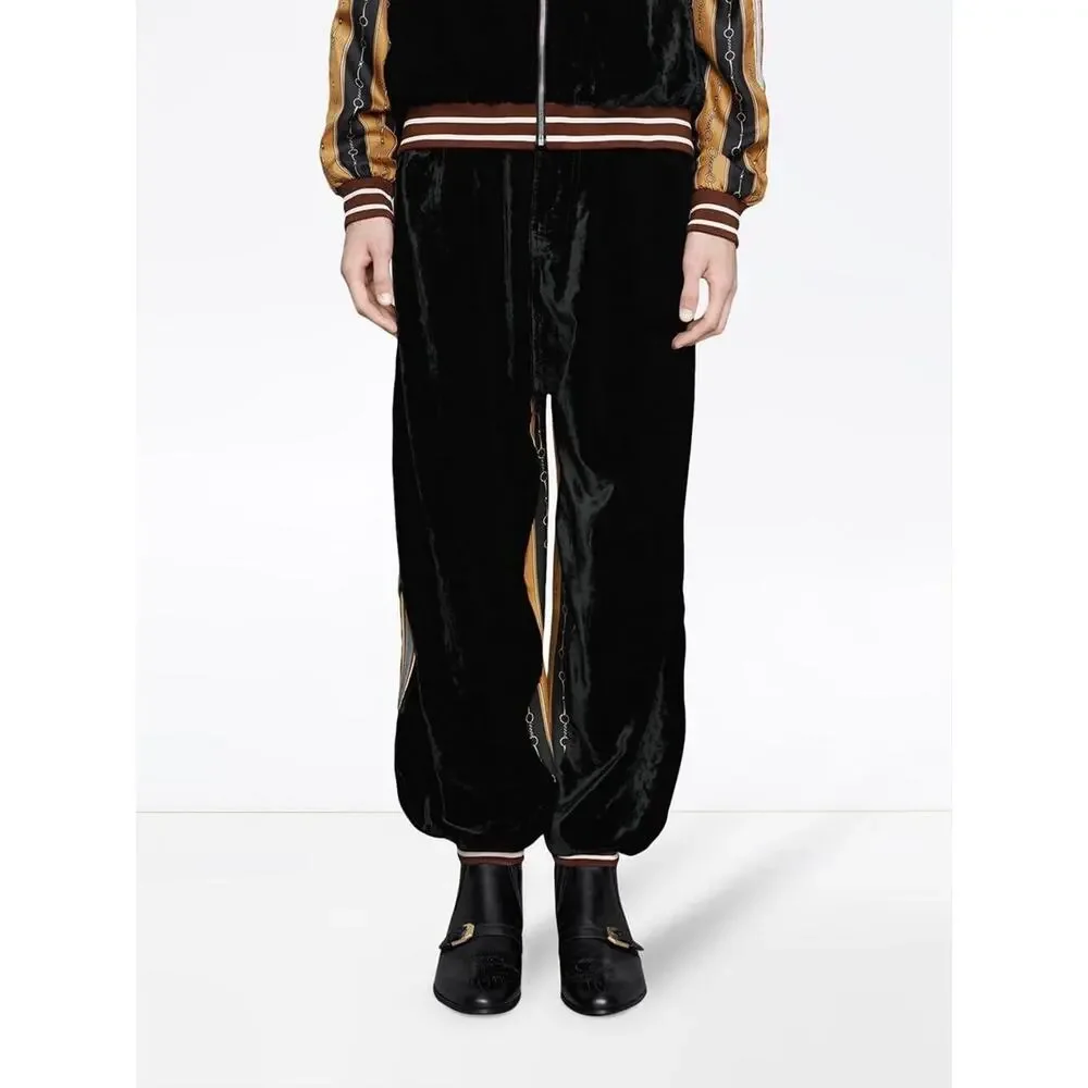 NWT Gucci Bi-Material Velvet/Silk Horsebit Logo Striped Joggers Size 32 $2800.00