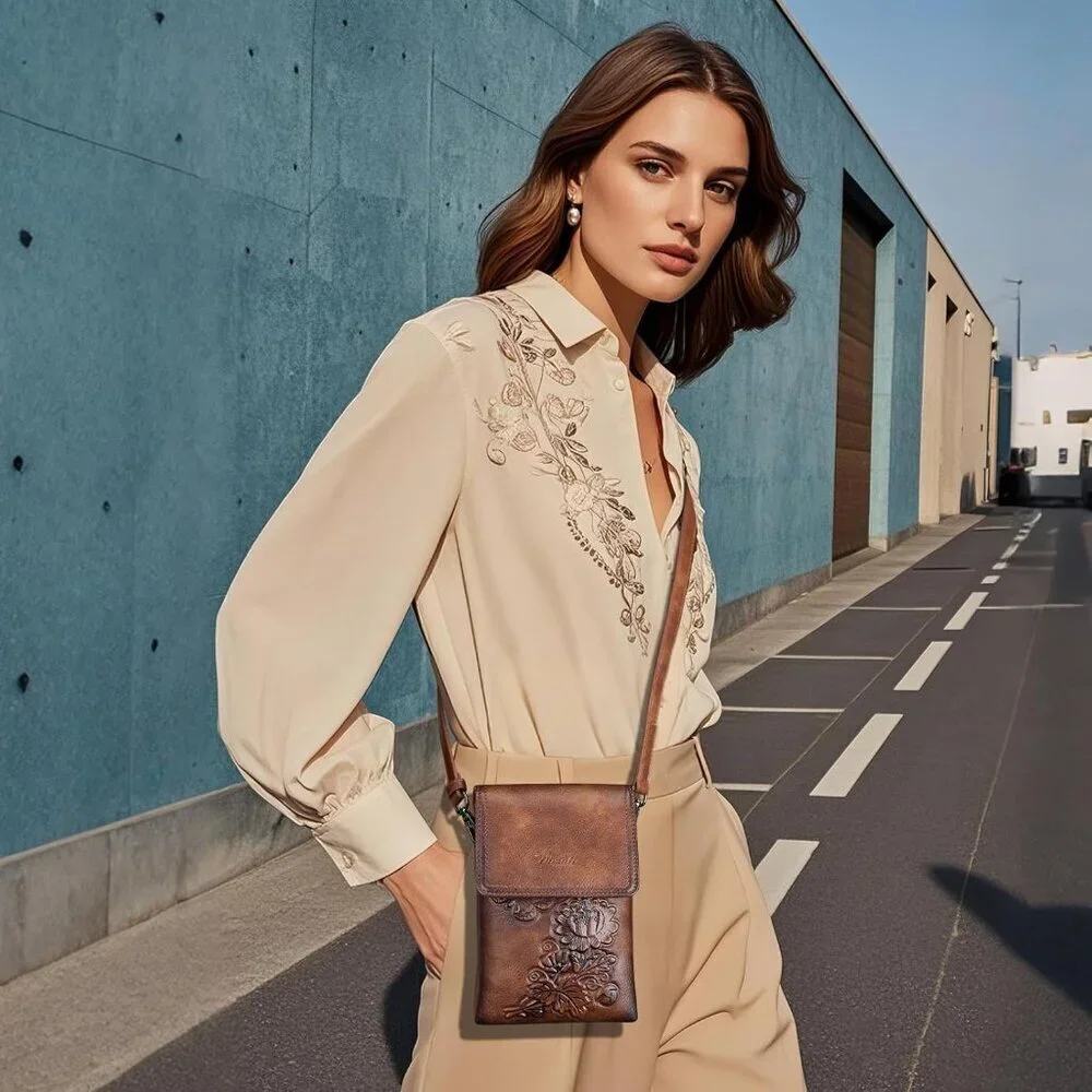 Small Vegan Leather Crossbody Bag Stylish Embossed Flower Design Women's