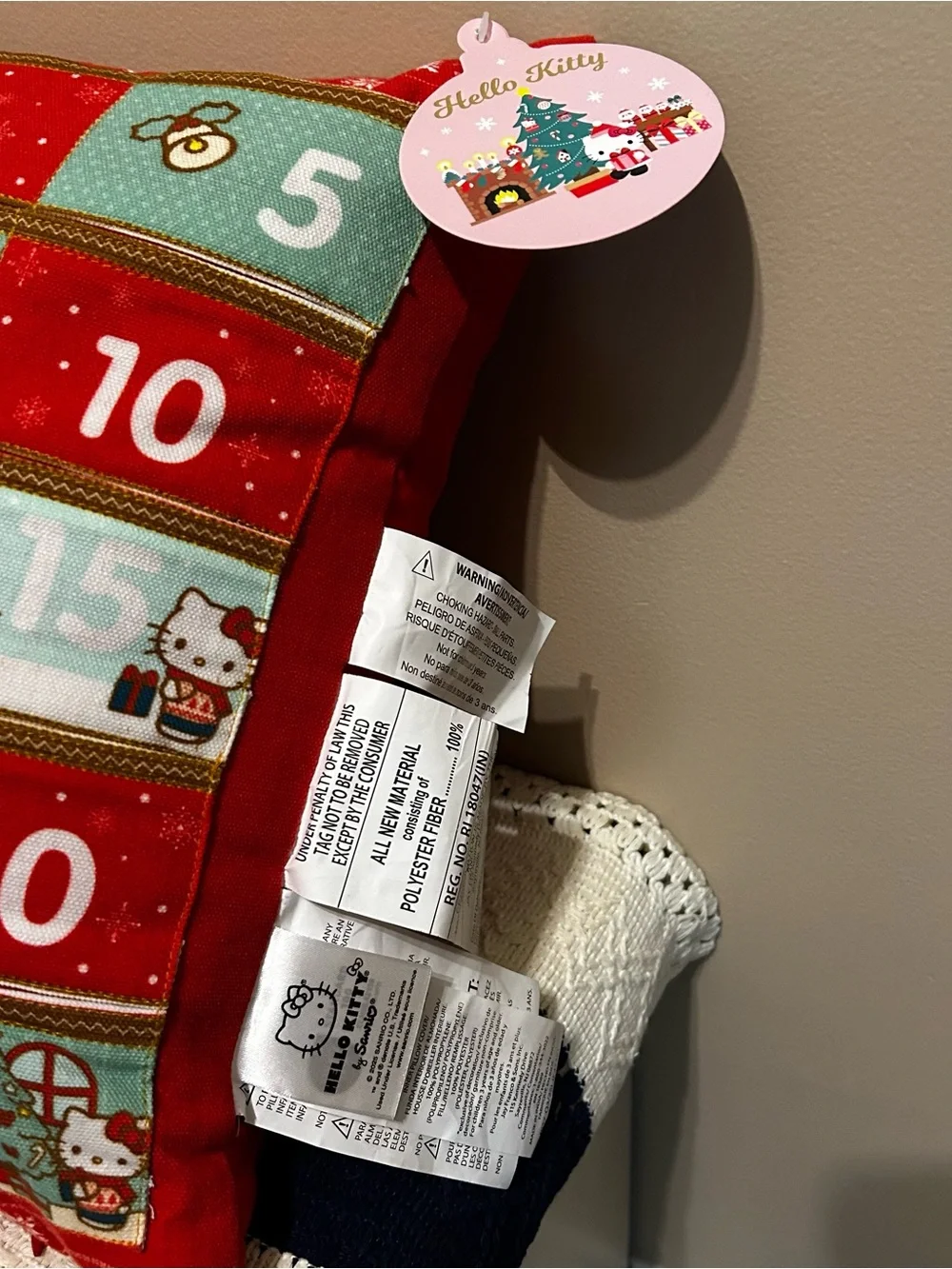 Hello Kitty Red Advent Holiday Pillow with Numbered Pockets & Kitty Date Marker