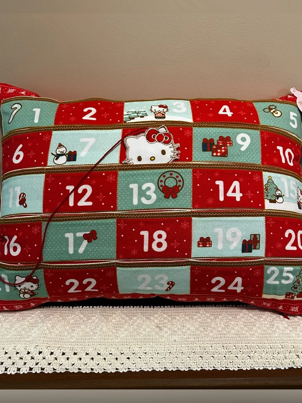 Hello Kitty Red Advent Holiday Pillow with Numbered Pockets & Kitty Date Marker
