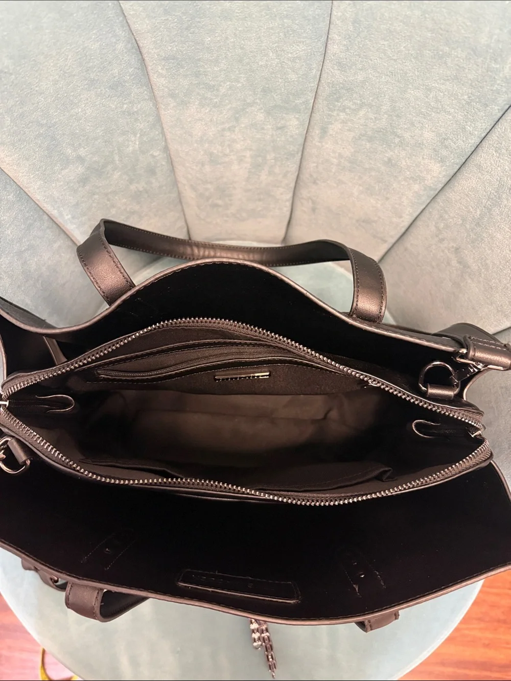 Steve Madden Black Pebbled Leather Satchel with Logo Charm