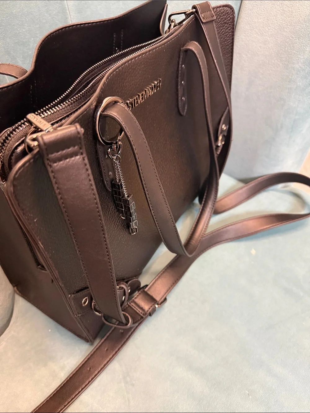Steve Madden Black Pebbled Leather Satchel with Logo Charm