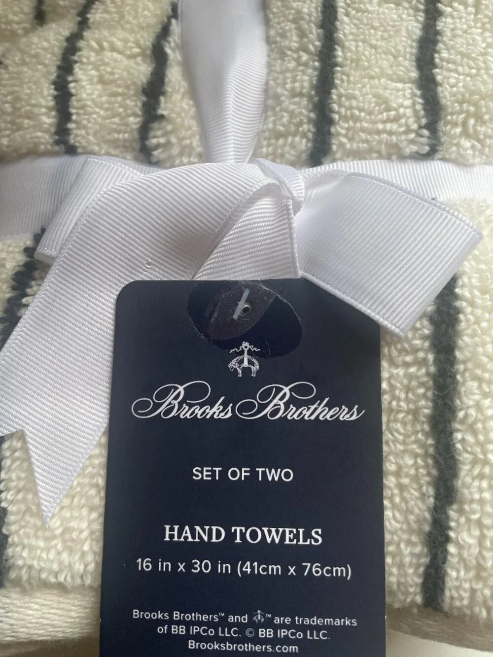 Brooks Brothers Hand Towels Luxury Cotton Thick White Navy Striped Set of 2