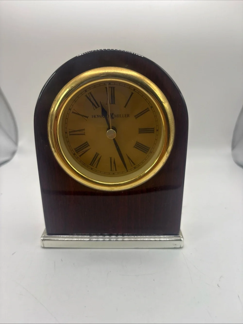 Howard Miller Desk Alarm Clock 613-487 Brown Wood Brass Roman Numeral Quartz