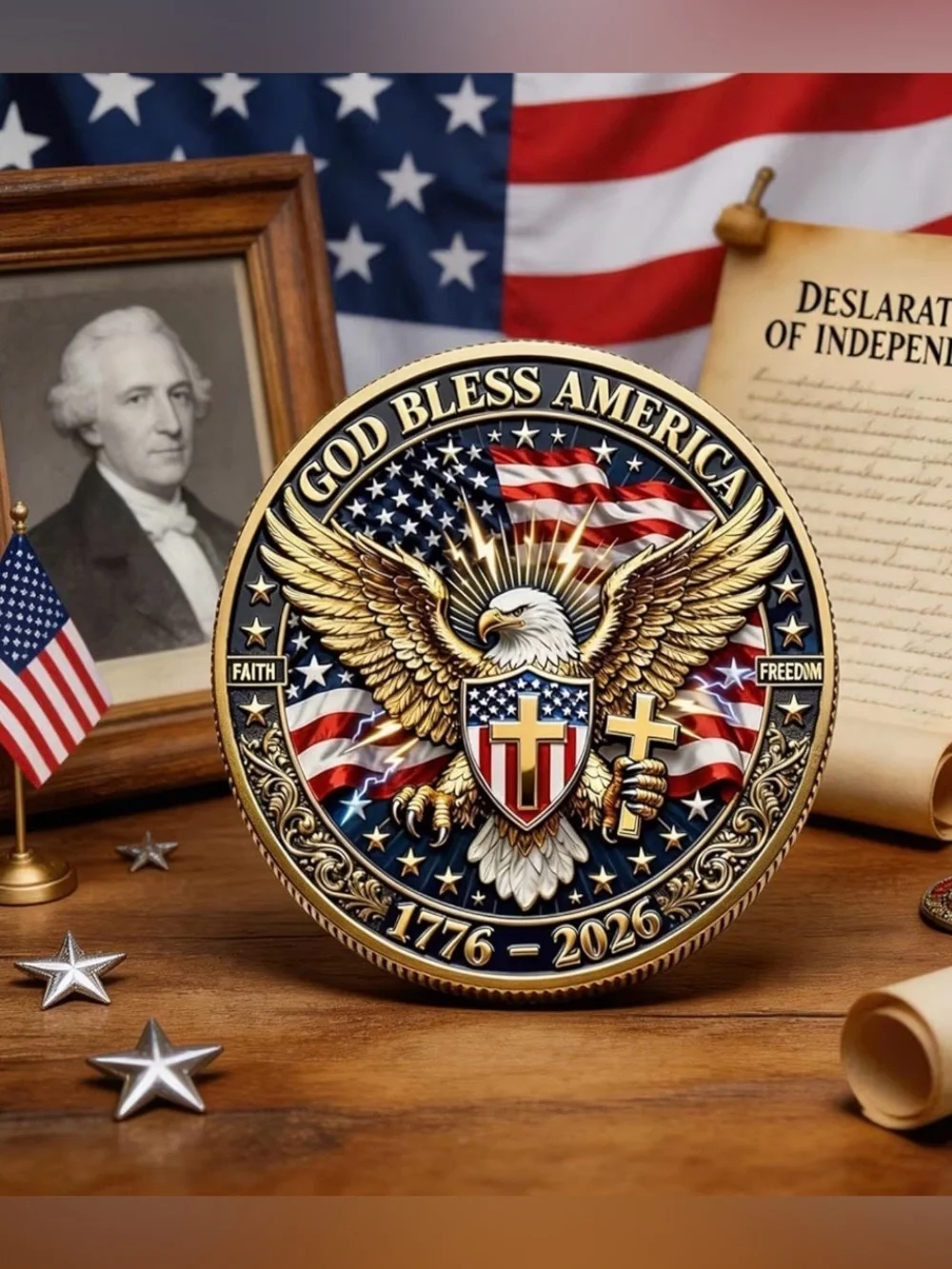 Commemorative 250th Anniversary Challenge Coin - Gold, Red, White, Blue