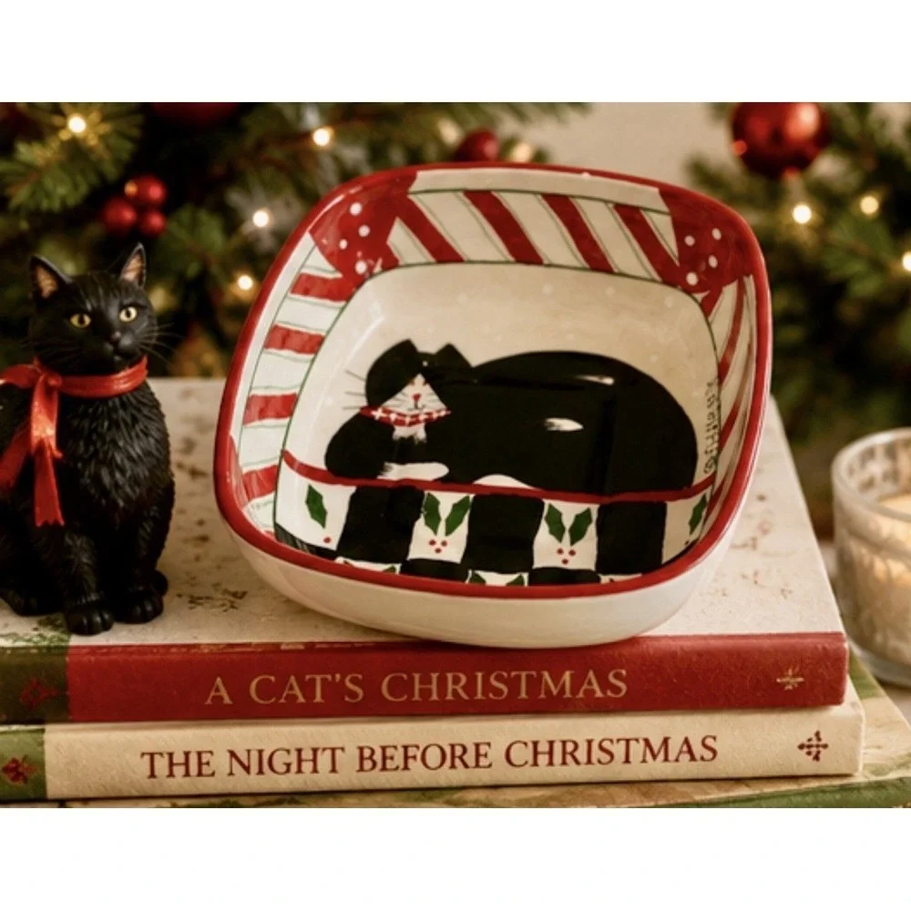 Sakura‎ By Oneida Candy Cane Cat Square Serving Bowl Tuxedo Cat Fiddlesticks 6