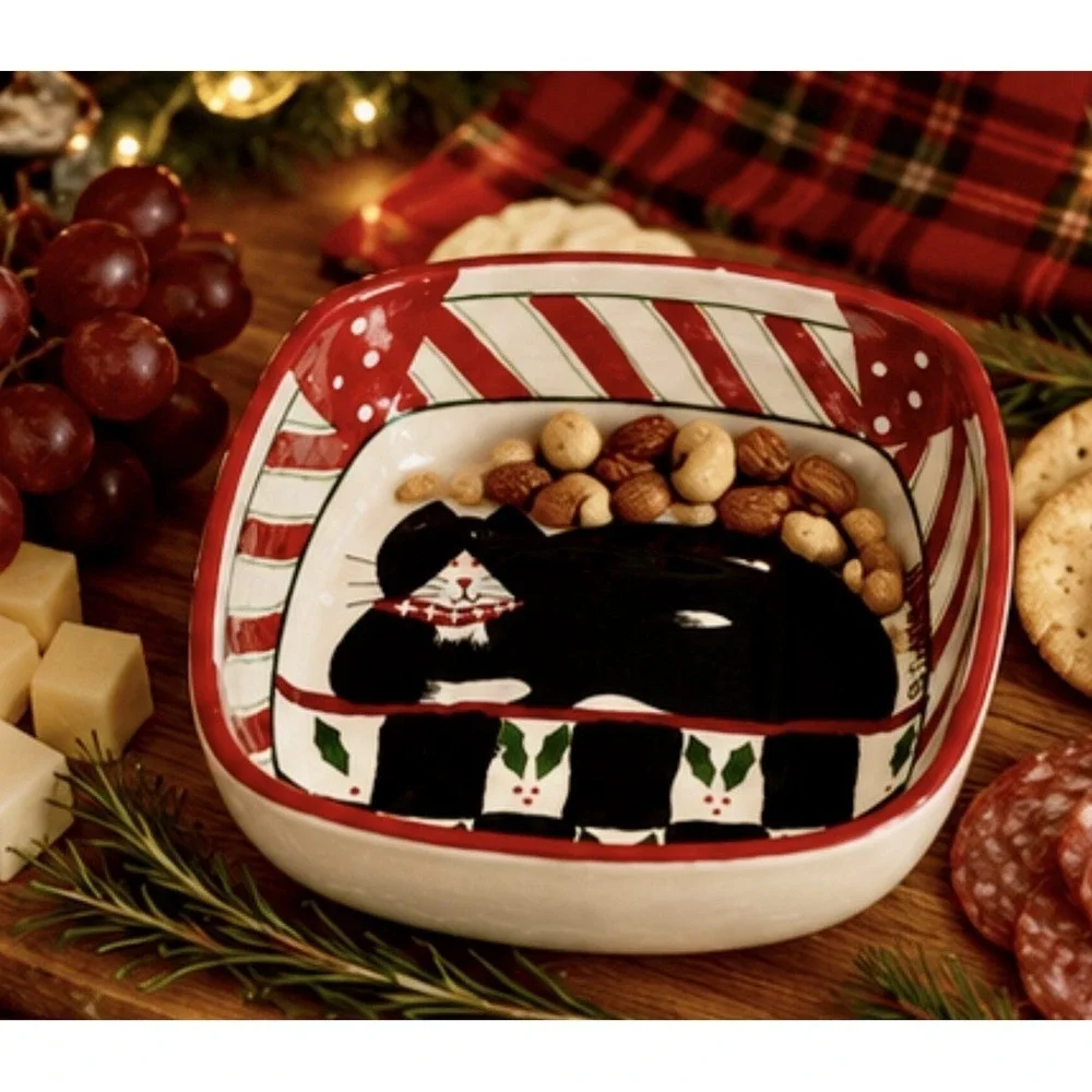 Sakura‎ By Oneida Candy Cane Cat Square Serving Bowl Tuxedo Cat Fiddlesticks 6