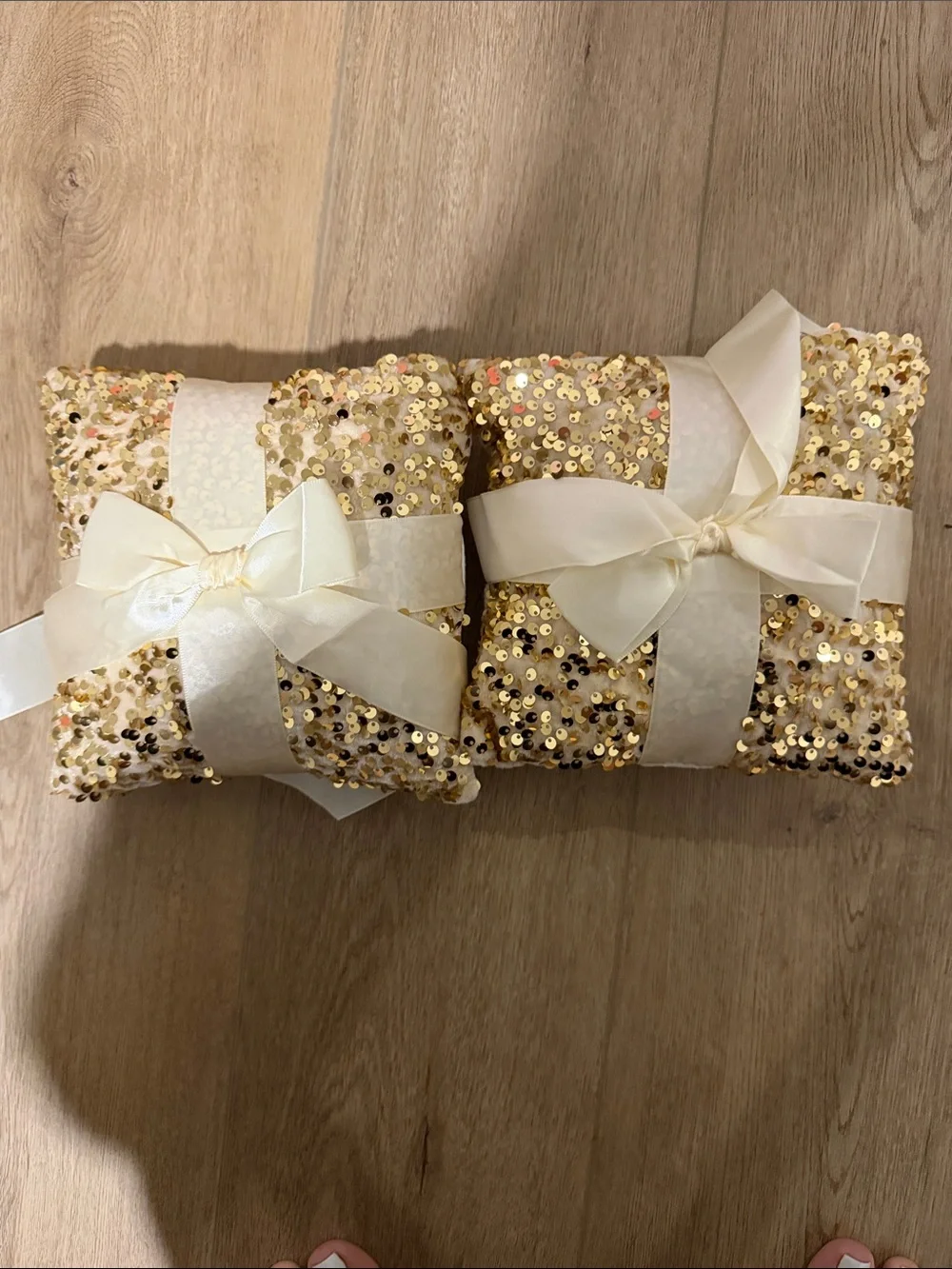 Gold Sequin Ring Bearer Pillow with Ivory Satin Bow