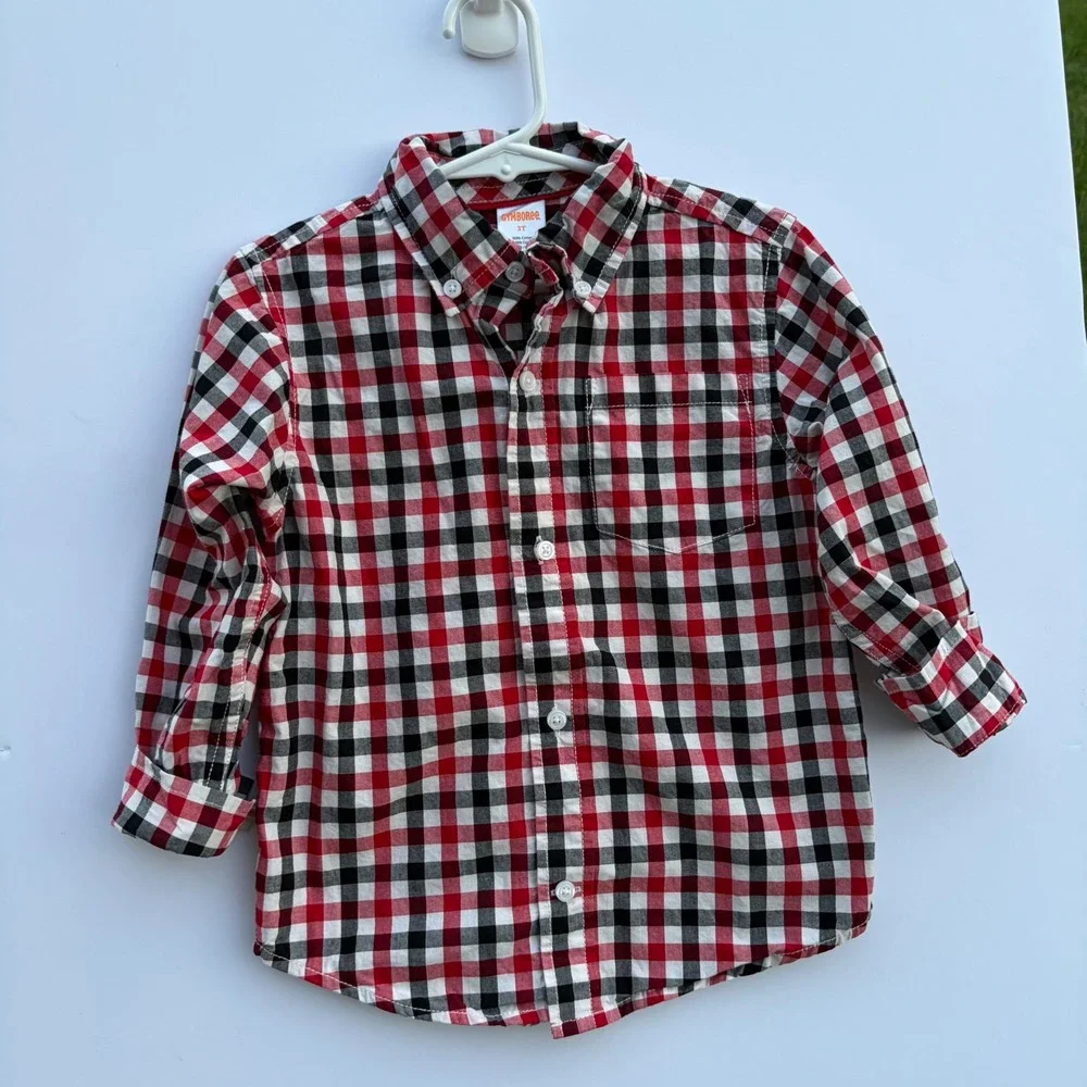 Gymboree Boys 3T Red Black Plaid Button‎ Down Shirt Long Sleeve Cotton 140135367