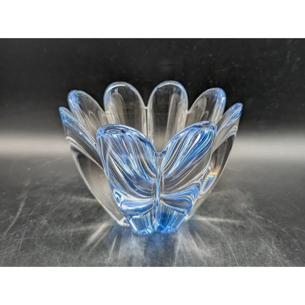 Orrefors Mayflower Crystal Bowl Blue Clear Hand Blown Petal Dish‎ Signed 4