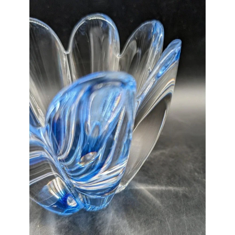 Orrefors Mayflower Crystal Bowl Blue Clear Hand Blown Petal Dish‎ Signed 4