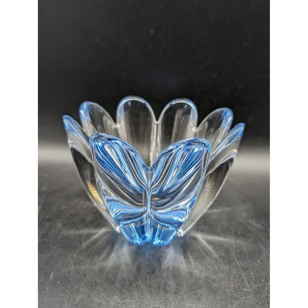 Orrefors Mayflower Crystal Bowl Blue Clear Hand Blown Petal Dish‎ Signed 4