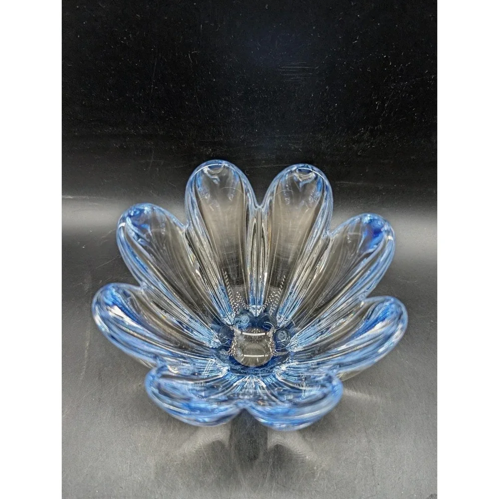 Orrefors Mayflower Crystal Bowl Blue Clear Hand Blown Petal Dish‎ Signed 4