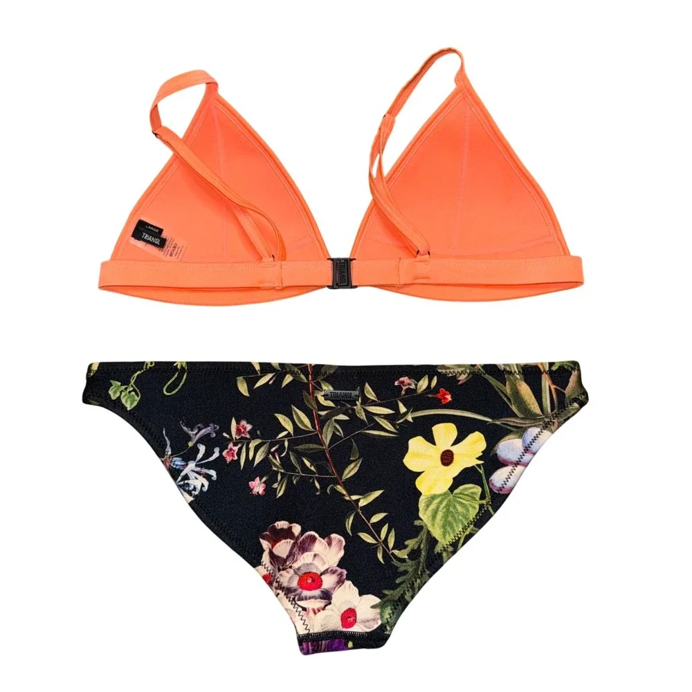 Triangl Bikini Set Womens L Top‎ S Bottom Orange Floral Neoprene Good Trim