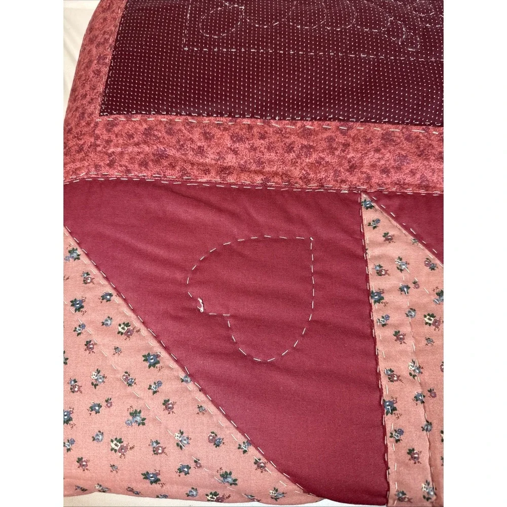 Handmade Patchwork Quilt Burgundy Floral Paisley Heart Stitched Farmhouse Rustic