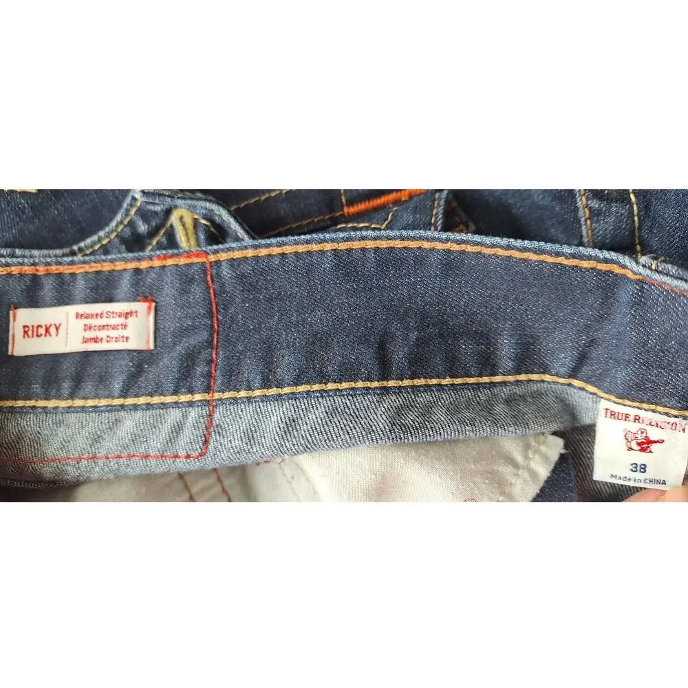 True Religion World Tour Ricky Flap Relaxed Straight Men's Blue Jeans Size 38x33