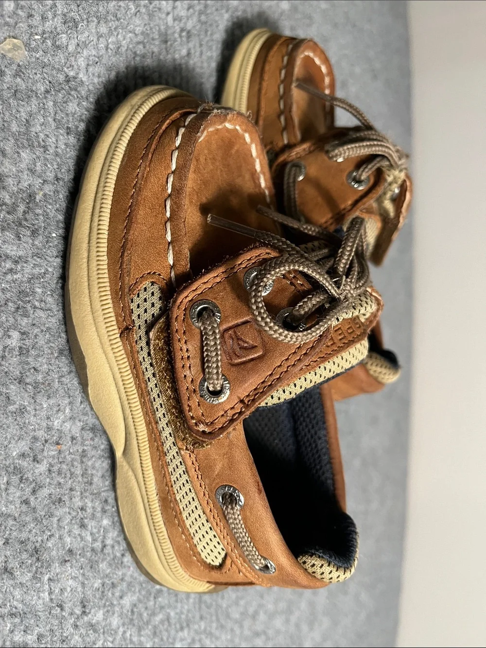 Sperry Kids Suede Moccasin Boat Shoes in Brown/Tan. Discoloration on top.0
