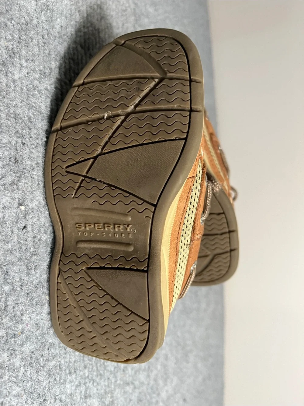 Sperry Kids Suede Moccasin Boat Shoes in Brown/Tan. Discoloration on top.0