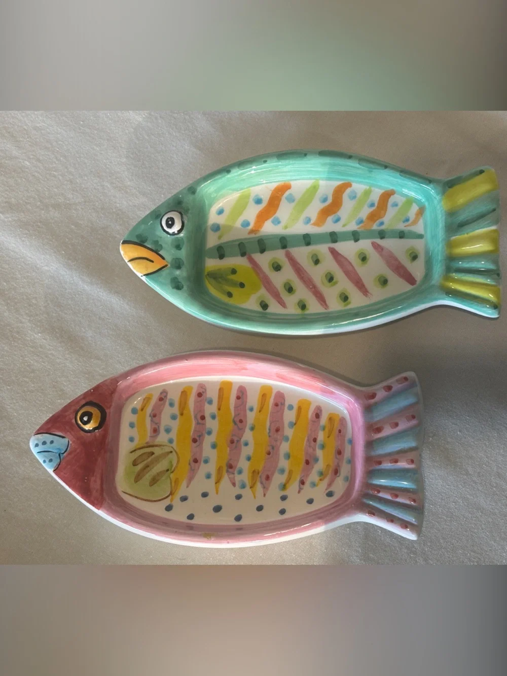Green and Pink Fish Ceramic Dish Bowl Saucer pet feeder soap dish SET OF TWO