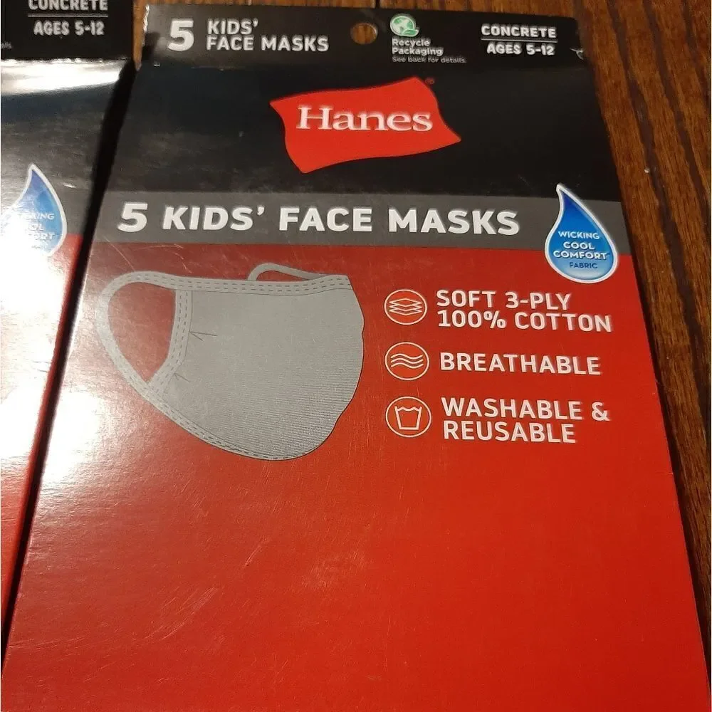 New TEN Grey Kids Youth 5-12 Hanes Cooling Wicking Breathable Facemasks
