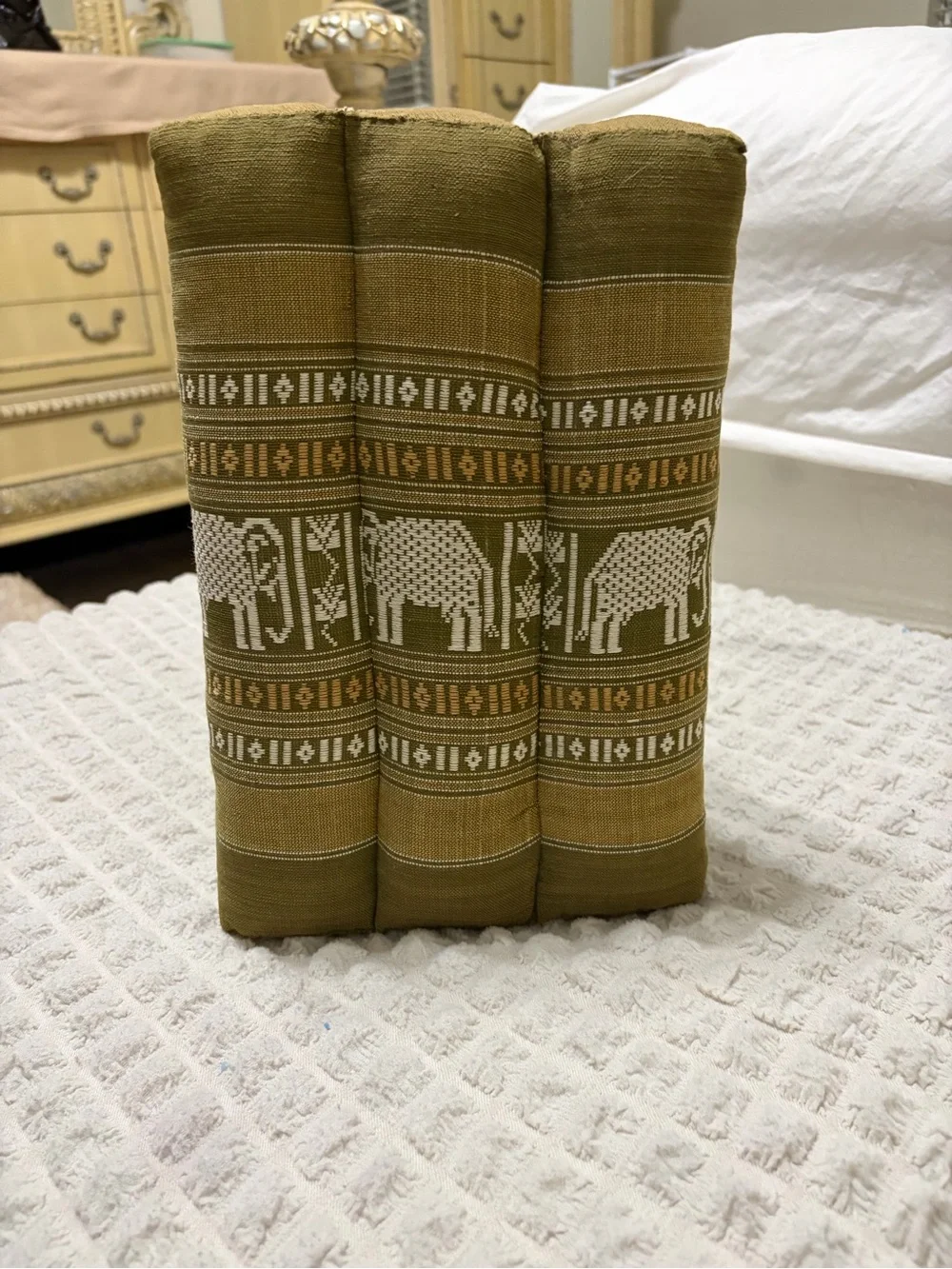 Olive Green Elephant Pattern Triangular Floor Cushion Pillow- Thai Traditional