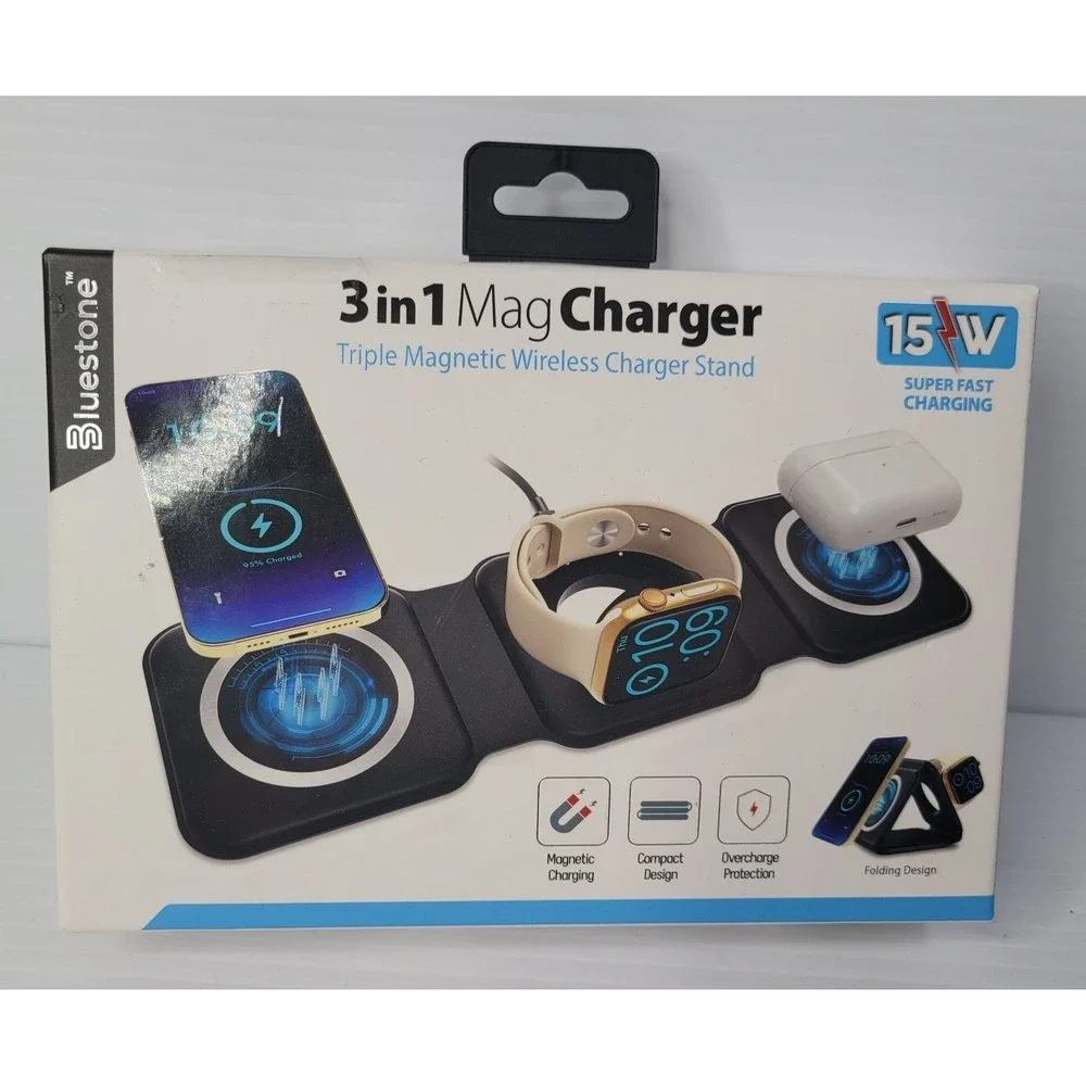 Bluestone 3 In 1 Mag Charger iPhone/Apple Watch/Airpods Folding Travel SEALED‎
