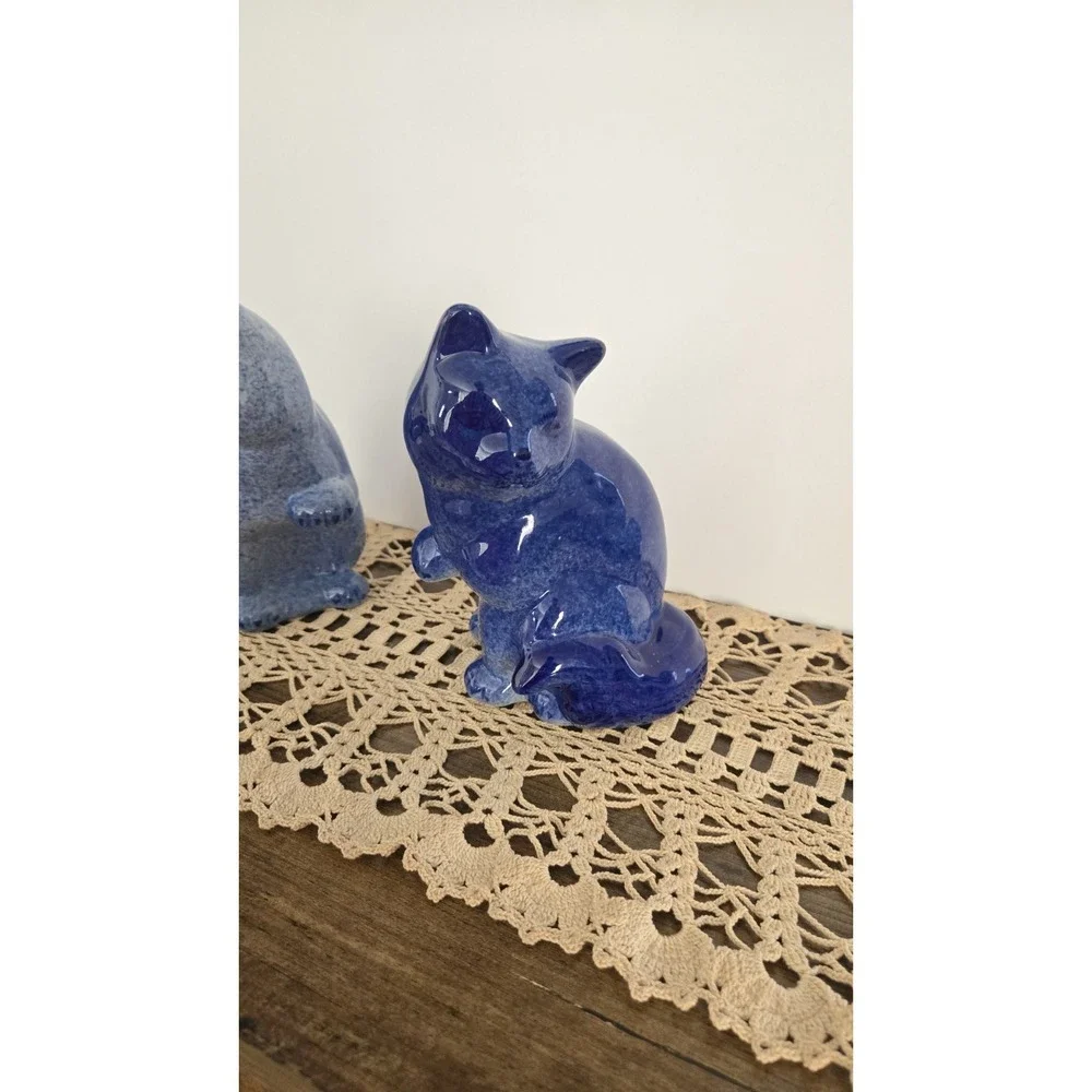Vintage Blue Ceramic Cat Figurines‎ Pair 7