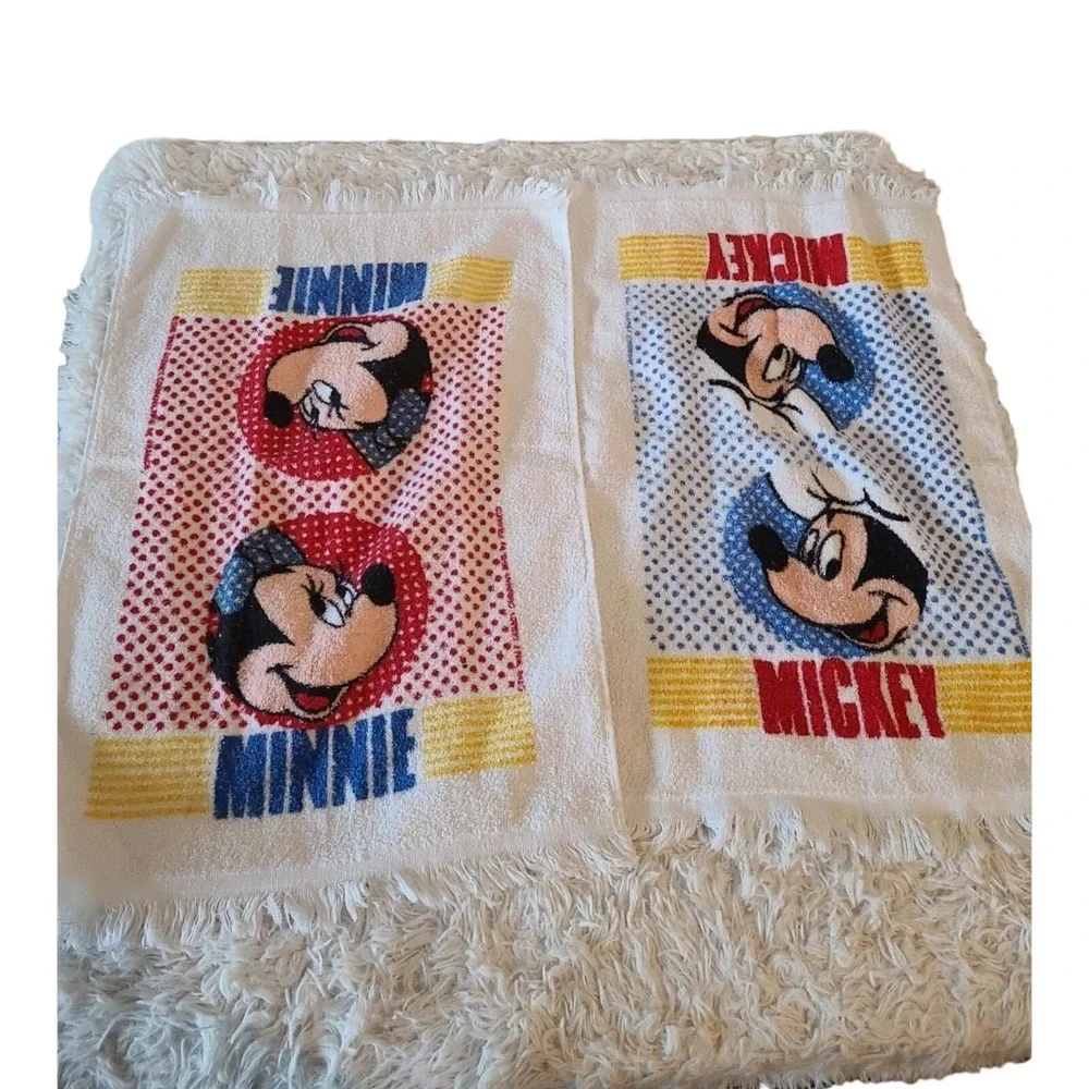 Set of 2 Vintage Cannon Mickey Mouse & Minnie Mouse‎ 100% Cotton Fringe Towels