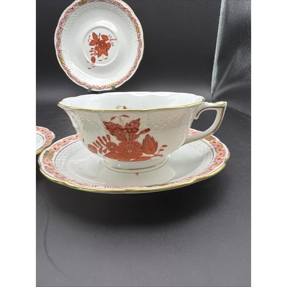 Herend Apponyi Orange Chinese Bouquet 4pc Teacup & Saucers Porcelain Hungary