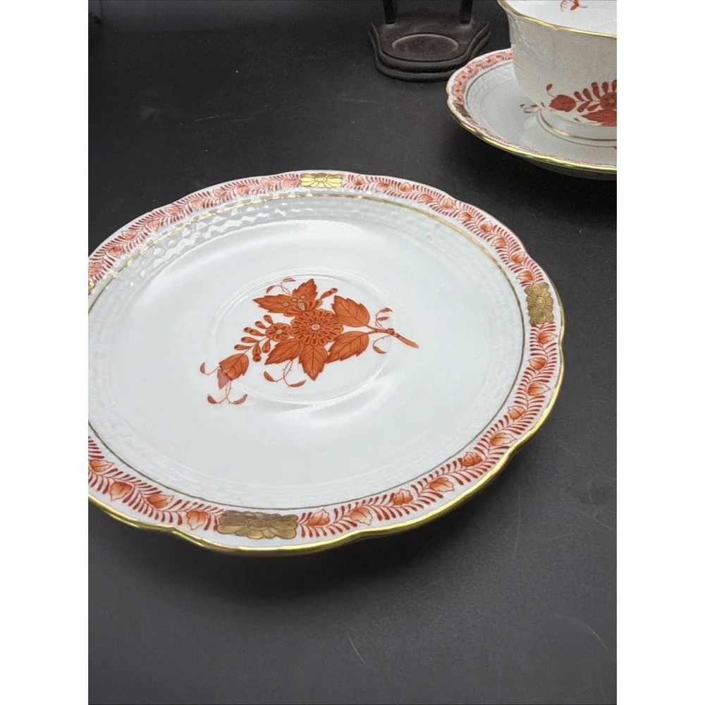 Herend Apponyi Orange Chinese Bouquet 4pc Teacup & Saucers Porcelain Hungary