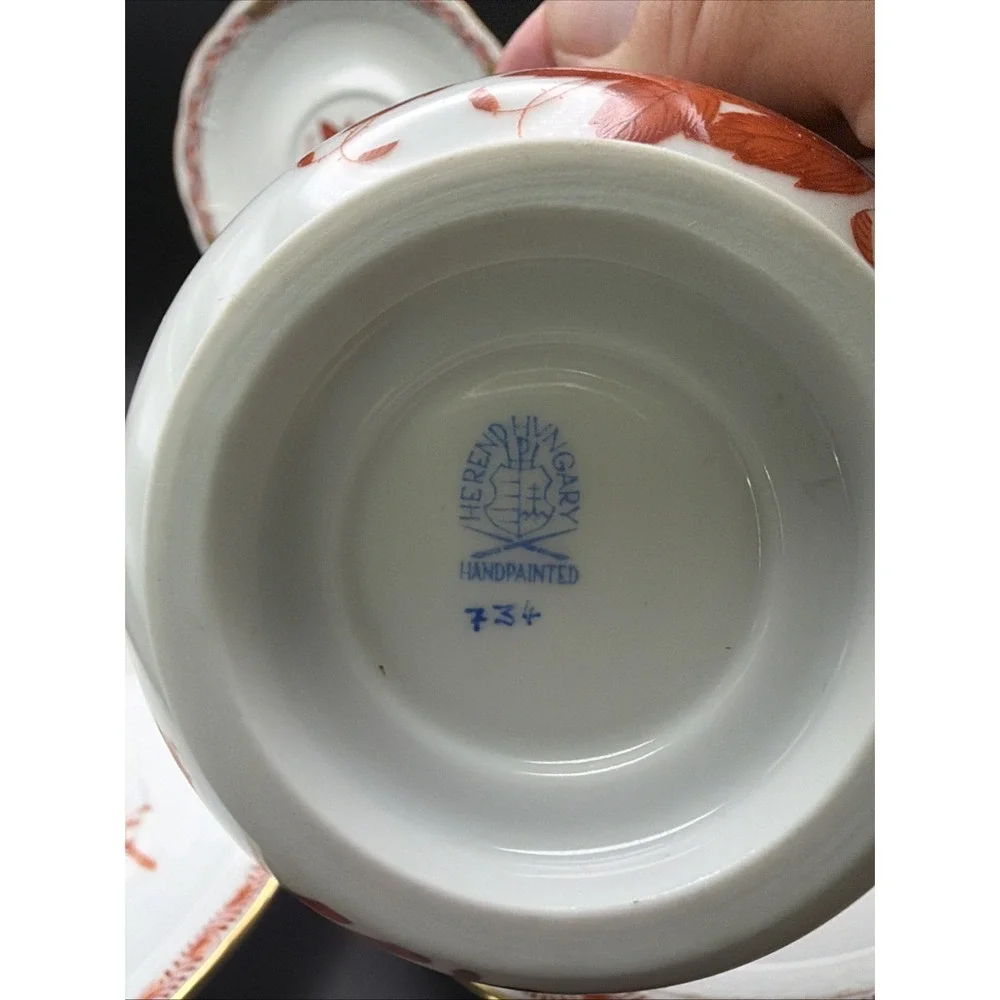 Herend Apponyi Orange Chinese Bouquet 4pc Teacup & Saucers Porcelain Hungary