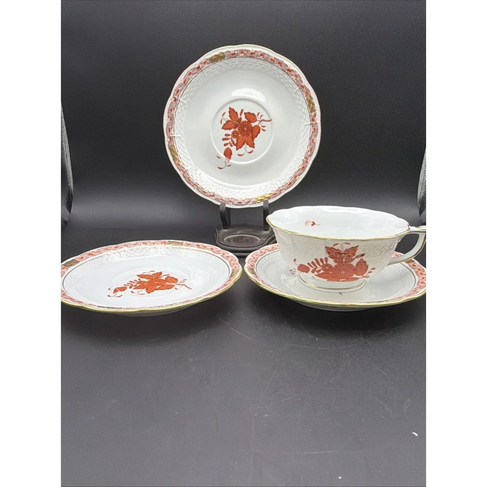Herend Apponyi Orange Chinese Bouquet 4pc Teacup & Saucers Porcelain Hungary